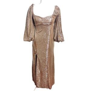 Show Me Your Mumu Sydney Midi Dress Gold, Silver Metallic Balloon, Puff Sleeve S